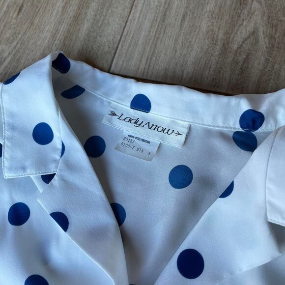 Retro White & Blue Women's Medium Polka Dot Blouse Semi Sheer Twee Vintage 80's - Picture 4 of 7